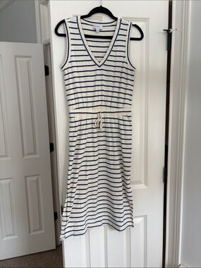 Evereve Blueand White Striped V-Neck Drawstring waist Midi Dress